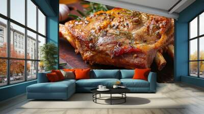 Roast lamb is a traditional Easter dish, the leg of lamb is seasoned with garlic, rosemary, salt and pepper. Wall mural