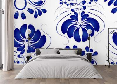 Gzhel blue flowers on a white background. Seamless. Vector illus Wall mural