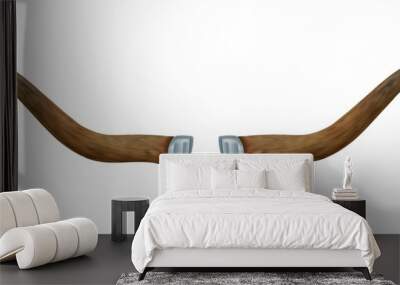 Two horns on a white background. Horns of an animal in a metal frame. Element of the scenery of the Viking. Subject of design. Vector illustration. Wall mural