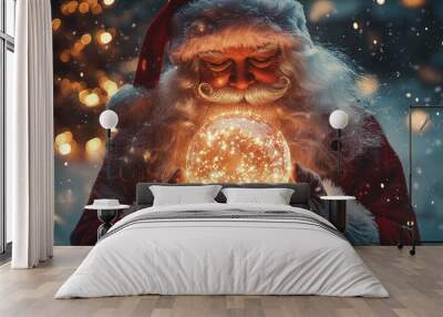 Santa Claus holding a glowing crystal ball in his hands, with magical light and sparkles around him. Cinematic lighting effects, warm colors, and a magical atmosphere Wall mural