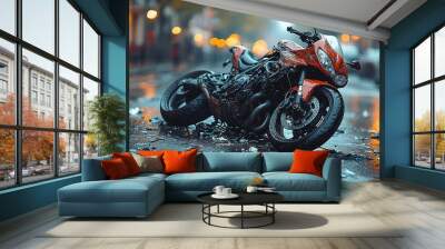 Scene of a crashed motorcycle on a city street, showcasing a damaged bike after a traffic collision.2 Wall mural