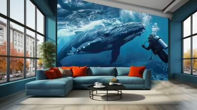 scuba diver underwater against the backdrop of a huge whale Wall mural