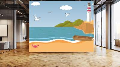 Sea Shore with Wooden Boat, Gulls and Lighthouse Wall mural