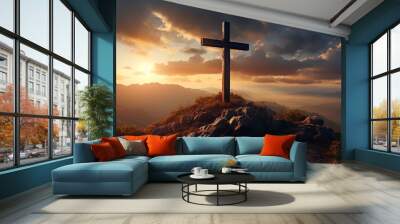 Silhouettes of crucifix symbol on top mountain with bright sunbeam on the colorful sky background.ai generative Wall mural