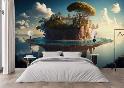 sky fantasy island, floating island with pools and trees, fairy tale, art illustration Wall mural