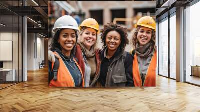 Smiling portrait of a diverse happy female group of women working construction on a construction site. ai generative Wall mural