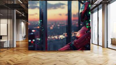 Snapshot of an AI cyborg leaning on wall-length windows. with the city horizon visible outside at twilight. The synthetic being has a matte carbon fiber body and glowing green sensors Wall mural