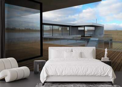 Spacious wooden terrace of a luxurious estate in a minimalist style. The mirrored windows reflect the lake. 3d render. Wall mural