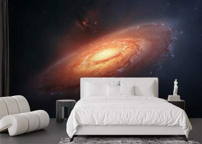 spiral galaxy M83 in space, with stars and nebulae. The background is dark blue. In front there's an orange light that shines from behind a huge black hole at its center Wall mural