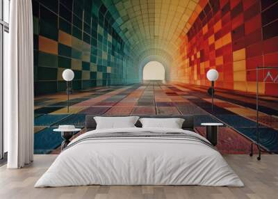 Squares in a radial grid pattern, with colors transitioning outward from a central point, creating a focal point, Wall mural