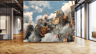 Steampunk clockwork cityscape with gears shifting into circuit boards and steam clouds dispersing as data packets  Wall mural