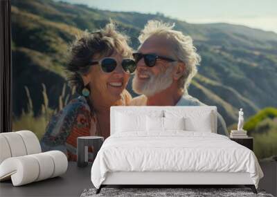 Sunny hillside bliss: Elderly couple in love under the sun Wall mural