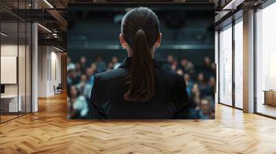 Symposium of Business and Entrepreneurship. A woman speaker makes a presentation at a business meeting. Audience in the conference room. Wall mural