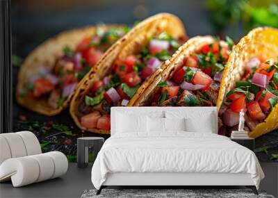 Taco stuffed with grilled meat, salsa and onions Wall mural