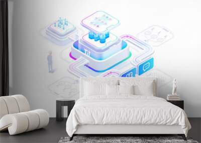 Technologies of neural networks A person uses a neural network. Chat with artificial intelligence, image generation. The structure of the neural network. Isometric image 3d style Wall mural