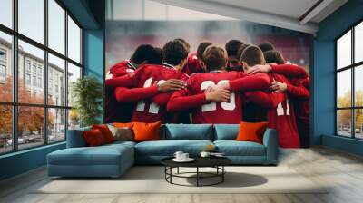 teenage boy high school football team connecting hands in huddle. ai generative Wall mural