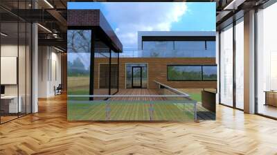 Terrace of a luxury home, enclosed by glass panels with steel fastening. Terrace board on the floor. Ahead is a swinging glass door to the second floor. 3d render. Wall mural