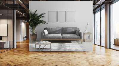 Three blank vertical wooden poster frame mock up in modern minimalist living room interior with gray sofa and palm tree, living room interior background, scandinavian style, 3d render Wall mural