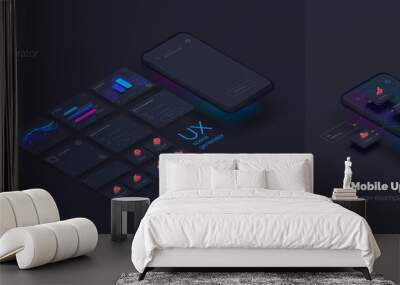 Toolkit-UI/UX scene creator. Part 1 Mobile application design. Smartphone mockup with active blocks and connections. Creation of the user interface. Modern vector illustration isometric style Wall mural