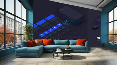 Toolkit-UI/UX scene creator. Part 2 Mobile application design. Smartphone mockup with active blocks and connections. Creation of the user interface. Modern vector illustration isometric style Wall mural