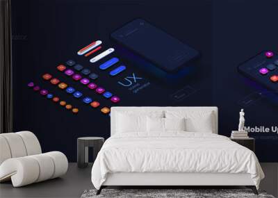 Toolkit-UI/UX scene creator. Part 3 Mobile application design. Smartphone mockup with active blocks and connections. Creation of the user interface. Modern vector illustration isometric style Wall mural