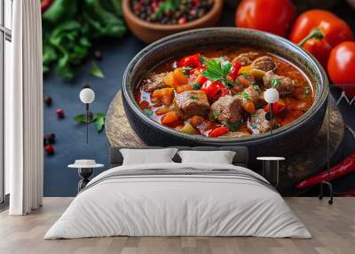 Traditional Hungarian beef goulash soup with tomatoes, chili peppers and smoked paprika. Wall mural