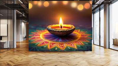 Traditional oil lamp with colorful rangoli design on diwali festival Wall mural