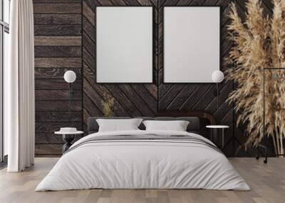 Two Blank vertical black frames on dark wooden wall with shelves with decoration and books on, pampas grass, 3d rendering Wall mural