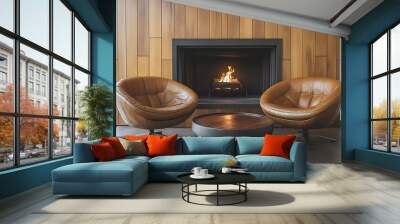 Two brown leather chairs face a modern fireplace in a cozy, minimalist living room with wooden panel walls. Wall mural