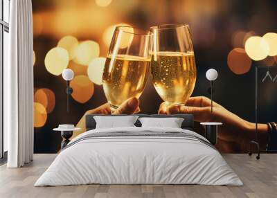 Two hands with glasses of champagne wine clink against blurred golden lights. Festive background and celebration concept. ai generative Wall mural