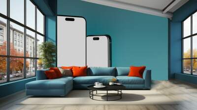 Two smartphones blank screen close up with blue background, 3d render Wall mural