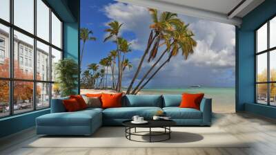 Palms, sea, white sand and blue sky Wall mural