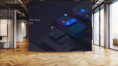 User experience. Smartphone mockup on black background with interactive user interface. The process of creating a mobile application. Website wireframe for mobile apps with active layers and links Wall mural