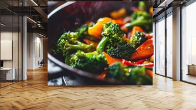 vegetable stir fry in wok with broccoli, carrots and bell pepper Wall mural