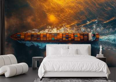 Vessel navigating the ocean towards its destination, global cargo transport by container ships. Wall mural