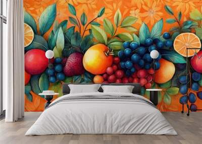 Vibrant fruit still life featuring a colorful array of grapes, oranges, and apples set against a bright orange floral background Wall mural