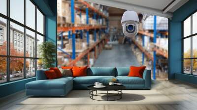 Video surveillance at an industrial enterprise. The video camera captures what is happening in the room around the clock. Installation of a video surveillance system in a warehouse Wall mural