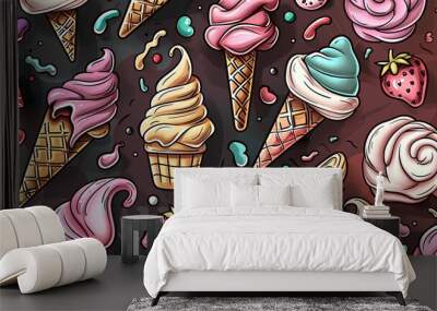 Visualize a hand-drawn banner with whimsical ice cream illustrations. This cartoon style flyer is meticulously detailed and features a variety of ice cream related items and symbols. Wall mural