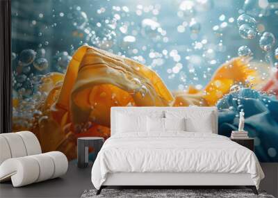 Washing machine or detergent with floating clothes under water with bubbles and wet splashes Wall mural