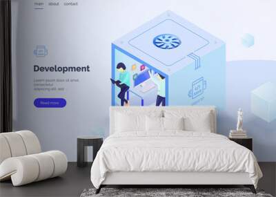 Web application development. Teamwork. A group of people in the work process. Landing page. Vector illustration isometric style on a white background. Isolated Wall mural