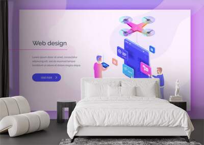 Web design, development. People interact with parts of the interface, creating an interface for the mobile application. Modern vector illustration isometric style. Wall mural