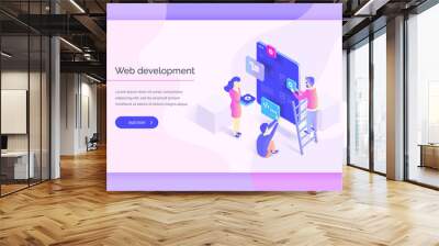 Web design, development. People interact with parts of the interface, creating an interface for the mobile application. Modern vector illustration isometric style. Wall mural