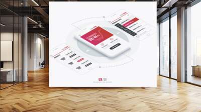 Website wireframe for mobile apps with round arrows . A conceptual mobile phones with a mobile app page. User experience, user interface in e-commerce. Wall mural