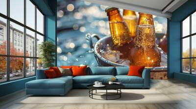 Wet beer bottles in a metal bucket with ice in a pool of water on a summer day. Wall mural