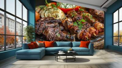 Wooden plate with Turkish mixed grilled meat, chicken wings, lamb, beef kebab, kebab, peppers on charcoal grill in restaurant Wall mural