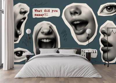 communication concept design set with cut-out collage graphic elements face parts mouths eyes isolated retro halftone grunge dotted effect old newspaper print Wall mural