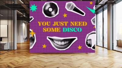 disco music collage set with vinyl record player disco ball high-heeled shoes microphone headphone smiling mouth vintage halftone cutout elements trendy retro 90s magazine style Wall mural