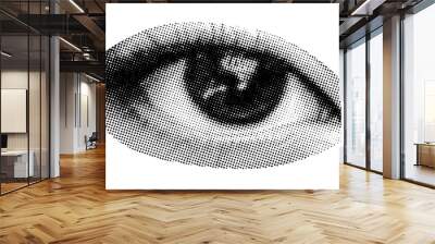 eye of an asian woman isolated with female eyelashes in retro halftone texture vintage dotted pop art style collage elements for mixed media design Wall mural