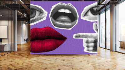 halftone lips mouth eyes hand concept design template set collage elements for mixed media in dotted texture vintage pop art style retro Wall mural