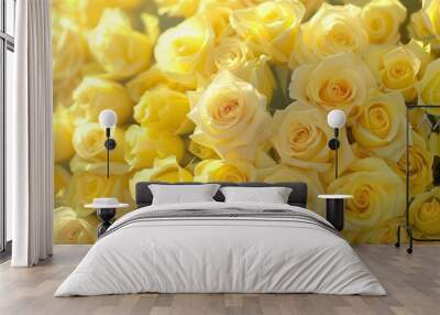 Yellow Roses Background. Artistic Bouquet with Macro Flora in Pastel Light Wall mural